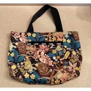 LeSportsac Reversible Tote Bag Hawaii Wahine Hula Nylon Black Large EUC